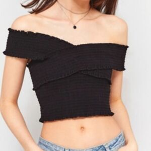 Urban Outfitters Black Smocked Off-Shoulder Crop Top